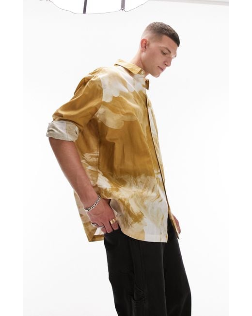 Topman Yellow Blurred Abstract Cotton & Linen Button-up Shirt for men