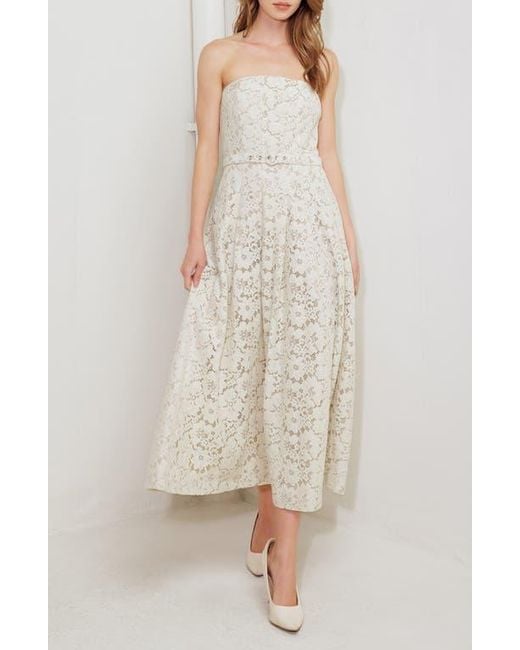 FREEMARKET White Strapless Belted Cotton Blend Lace Cocktail Dress