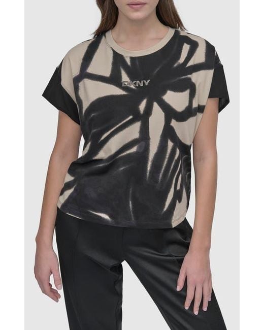 DKNY Black Print Cotton Blend Top