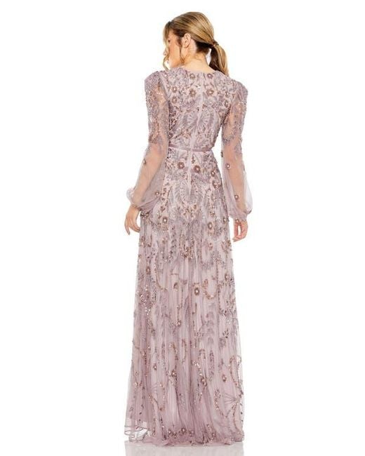 Mac Duggal Purple Puff Sleeve Embellished A-Line Gown