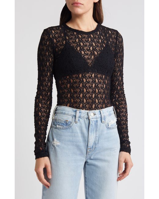 FRAME Black Sheer Stretch Lace Top