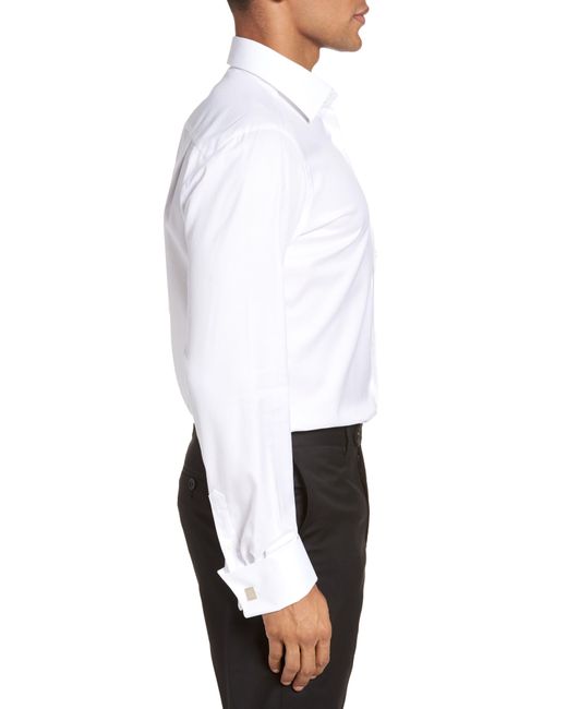 David Donahue White Trim Fit Solid French Cuff Tuxedo Shirt for men
