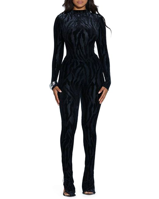 Naked Wardrobe Black Tiger Print Long Sleeve Velvet Bodysuit