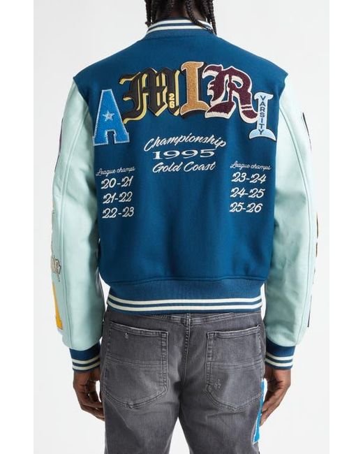 Amiri Blue Varsity Patch Wool Blend & Leather Jacket for men