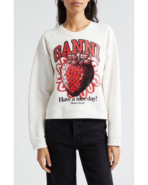 Ganni White Isoli Strawberry Raglan Sleeve Organic Cotton Sweatshirt