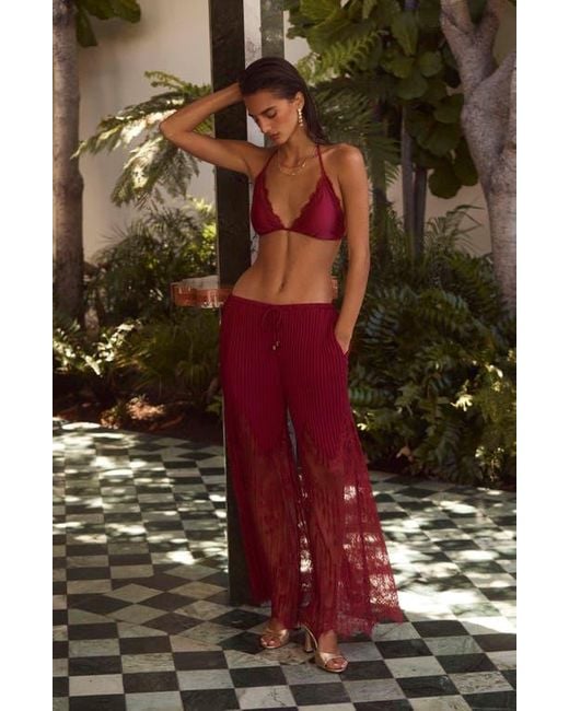 L'Agence Red Annabelle Lace Trim Triangle Bikini Top