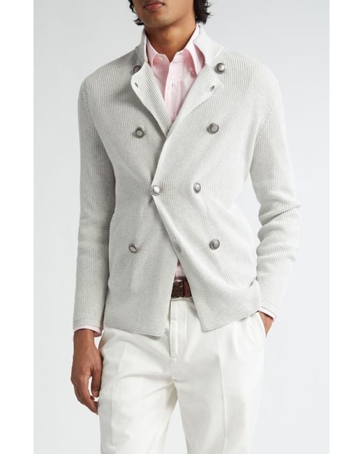 Brunello Cucinelli White Double Breasted Cotton Cardigan for men