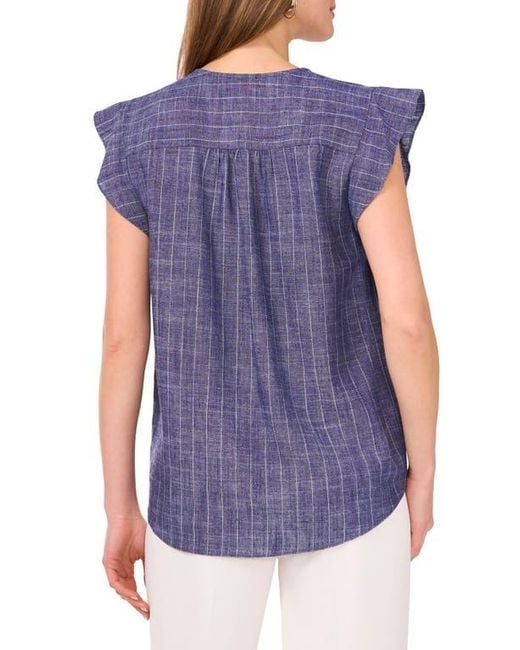 Vince Camuto Blue Pinstripe Flutter Sleeve Chambray Top