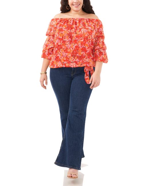 Vince Camuto Red Floral Off The Shoulder Bubble Sleeve Top