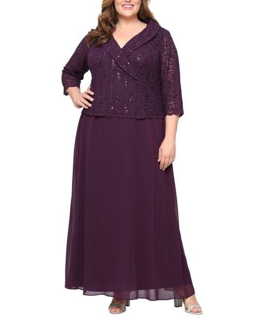 Alex Evenings Purple Sequin Lace & Chiffon Cocktail Dress