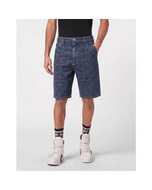 Philipp Plein Blue Denim Formentera Shorts Monogram Basic for men