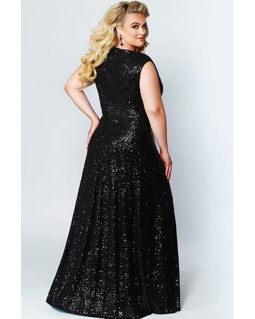 Celebrations by Sydneys Closet Black V-Neck Plus Size Sleeveless Sequin Maxi Dress