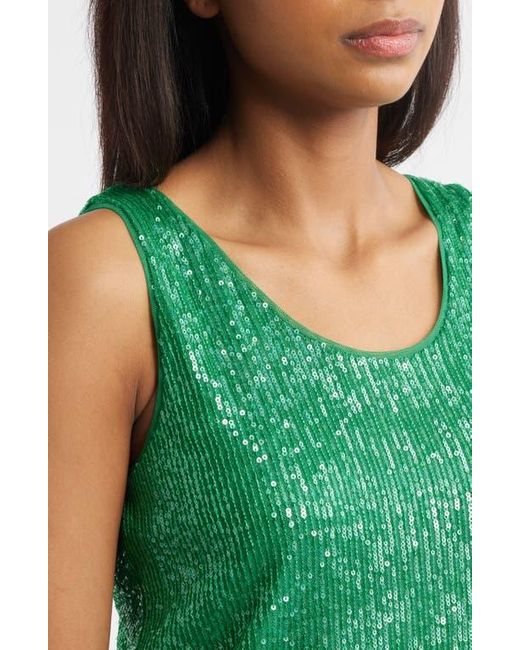 Anne Klein Green Sequin Double Scoop Neck Mesh Tank