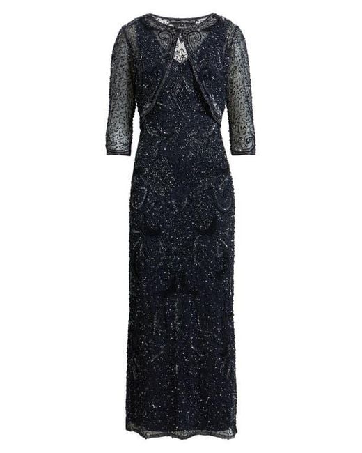 Pisarro Nights Blue Beaded Sequin Embellished Mesh Column Gown With Jacket