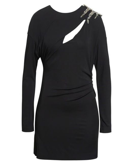 Area Black Crystal Cluster Draped Long Sleeve Jersey Minidress