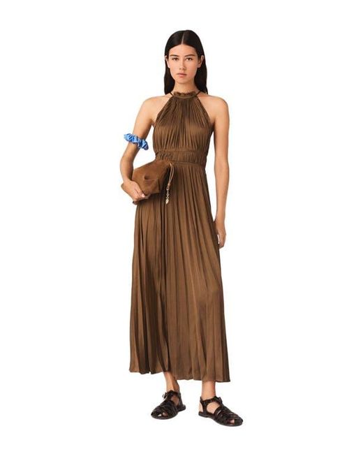 deep v brown dress Brown Satin Pleated V-Neck Maternity Maxi Dress