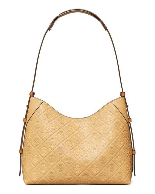 Tory Burch Brown T Monogram Pebble Leather Messenger Bag