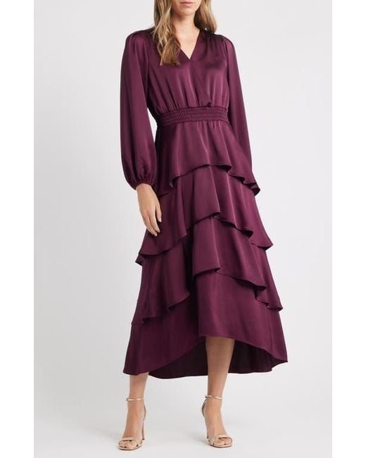 Anne Klein Women's Long Sleeve Tiered High-Low Satin Dress