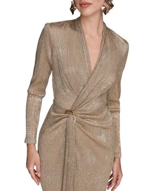Donna Karan Natural Metallic Side Slit Long Sleeve Gown
