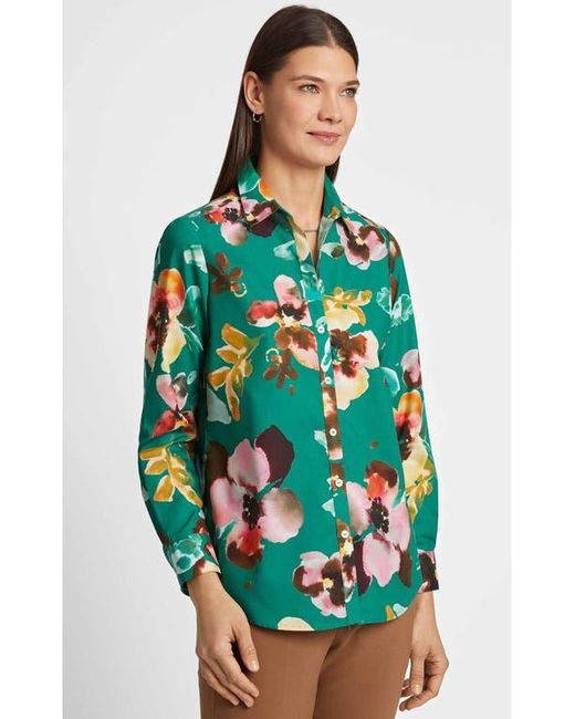 Foxcroft Green Zoey Watercolor Floral Cotton Button-Up Shirt