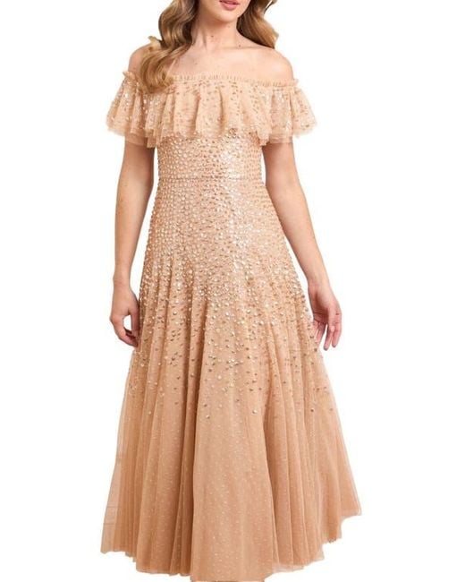 Needle & Thread Brown Dappled Sequin Off-Shoulder Ankle Gown