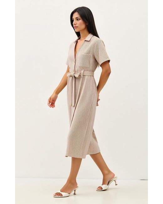 Modenaire Natural Striped Button-Down Midi Dress With Waist Tie And Collared Neckline