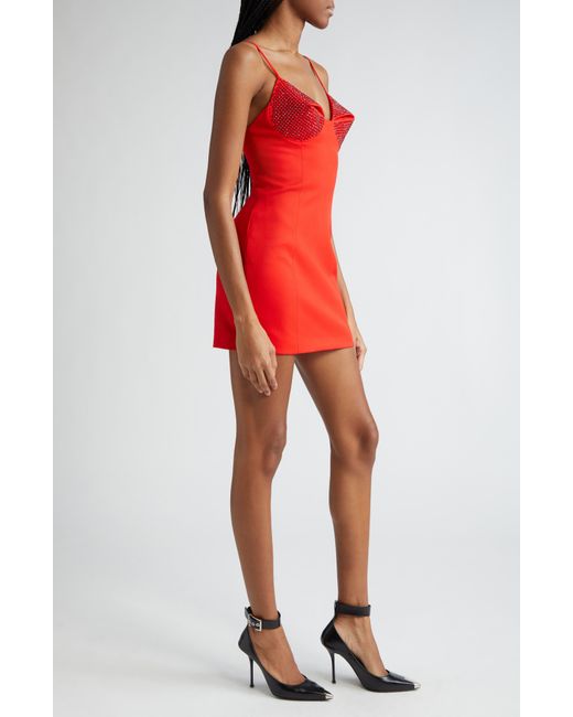 Area Red Crystal Embellished Cup Stretch Wool Minidress