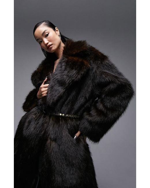 TOPSHOP Faux Fur Longline Coat in Black