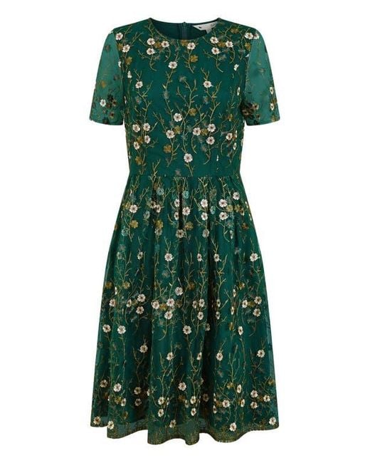 Yumi' Green Embroidered Floral Skater Dress