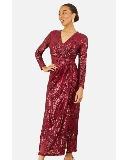 Yumi' Red Sequin Midi Long Sleeve Wrap Dress