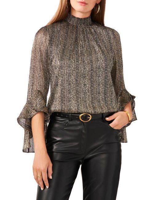Vince Camuto Black Shimmer Foil Ruffle Sleeve Top