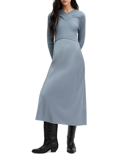 AllSaints Blue Hana 2-in-1 Midi Dress