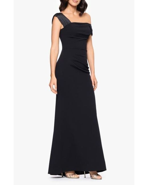 Betsy & Adam Black Ruched Off The Shoulder Scuba Column Gown
