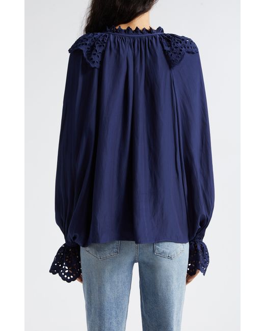 Ramy Brook Blue Lilian Ruffle Eyelet Top