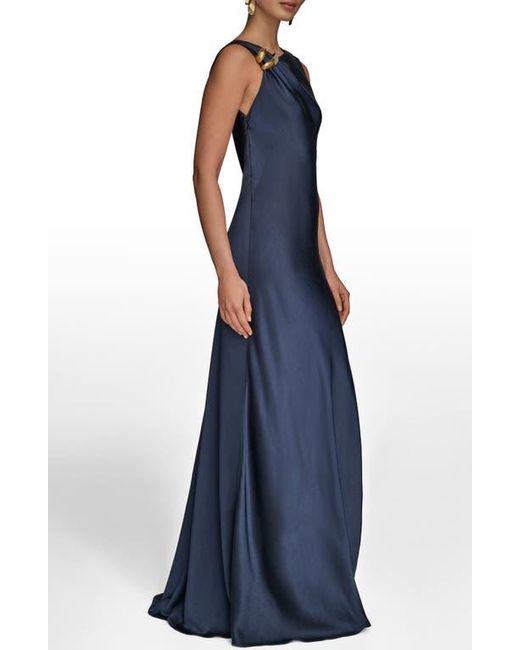 Donna Karan Blue Asymmetric Cowl Back Satin Gown