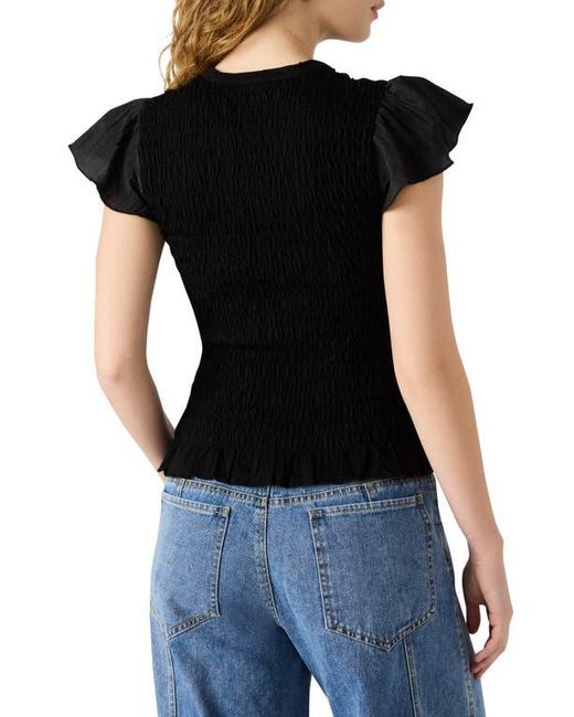 Steve Madden Black Cecilie Smocked Ruffle Cotton Sleeve Top