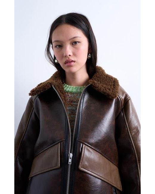 TOPSHOP Brown Faux Shearling & Faux Leather Patchwork Jacket
