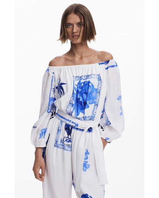 Desigual Blue Placed Print Off The Shoulder Long Sleeve Jumpsuit