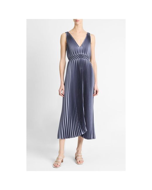 Vince Blue Hand Smocked Pleated Sleeveless Midi Dress