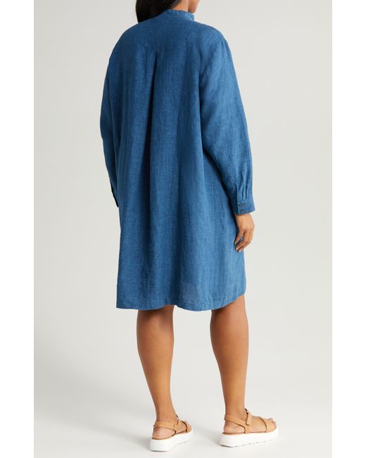 Eileen Fisher Blue Band Collar Long Sleeve Organic Linen Shirtdress