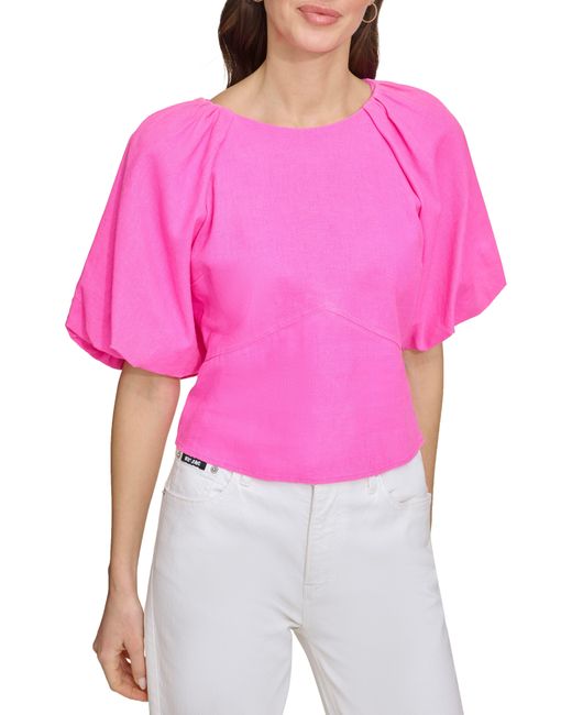 DKNY Pink Puff Sleeve Linen Blend Top