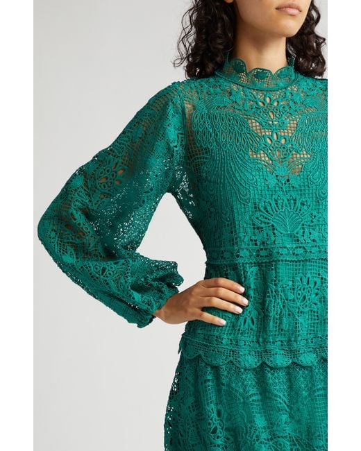 Farm Rio Green Long Sleeve Guipure Lace Maxi Dress