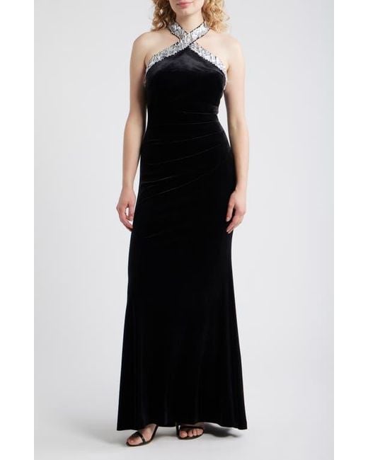 Eliza J Black Rhinestone Detail Velvet Sheath Gown