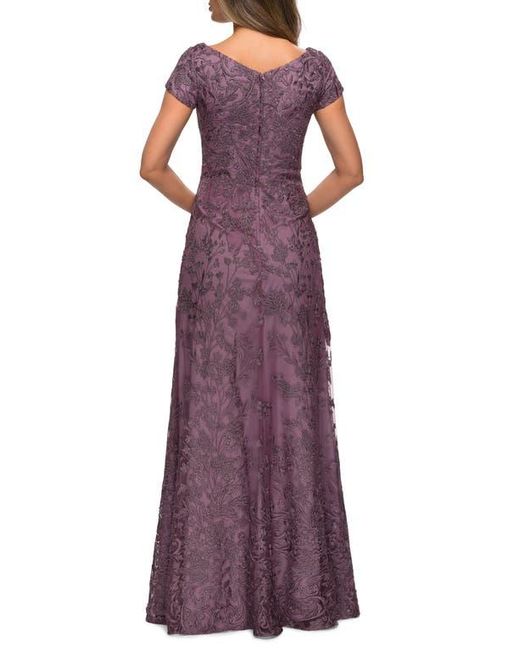 La Femme Purple Lace Evening Gown With Cap Sleeves And V-Neck