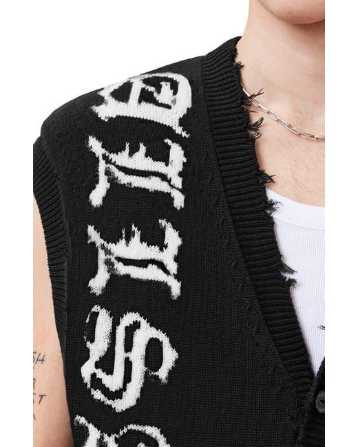 AllSaints Black Scripture Distressed Graphic Button-Up Sweater Vest for men