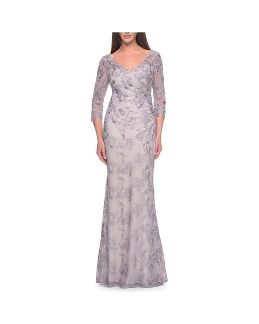 La Femme Purple Pastel Lace Mother Of The Bride Gown With Three Quarter Sleeves
