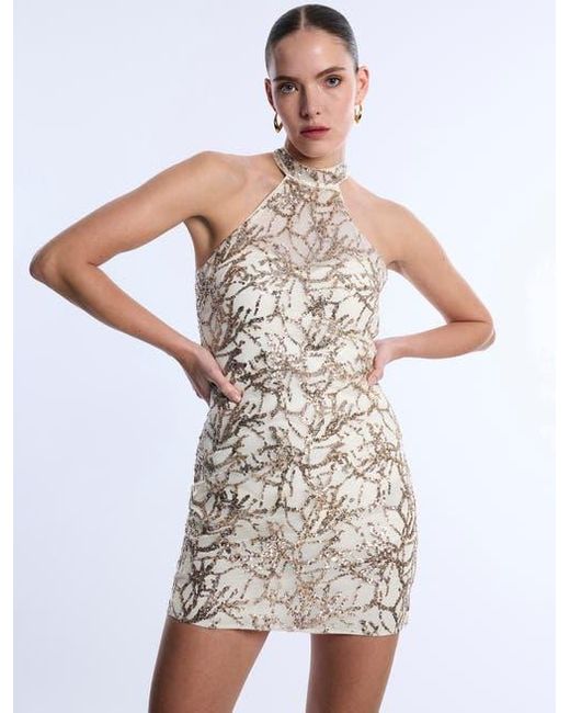 BCBGMAXAZRIA White Mock Neck Embellished Mini