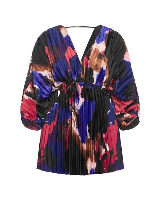 City Chic Blue Chloe Print Pleated Long Sleeve Satin Minidress