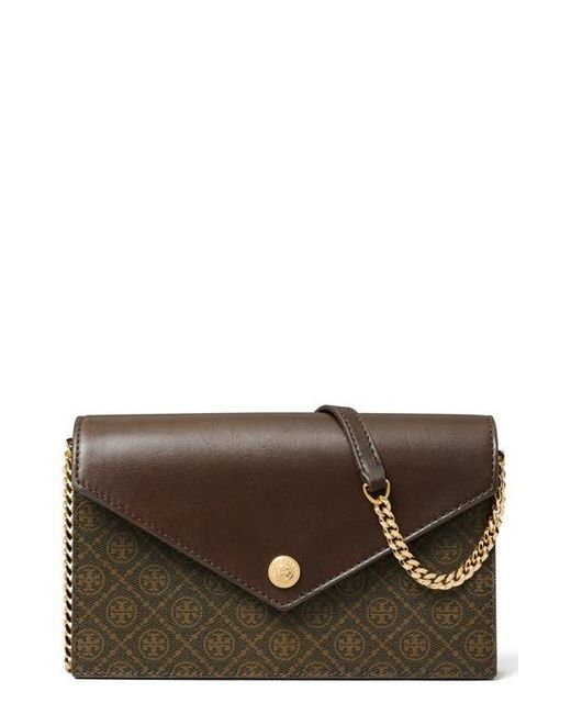 Tory Burch Brown T Monogram Coated Canvas & Leather Envelope Wallet On A Chain