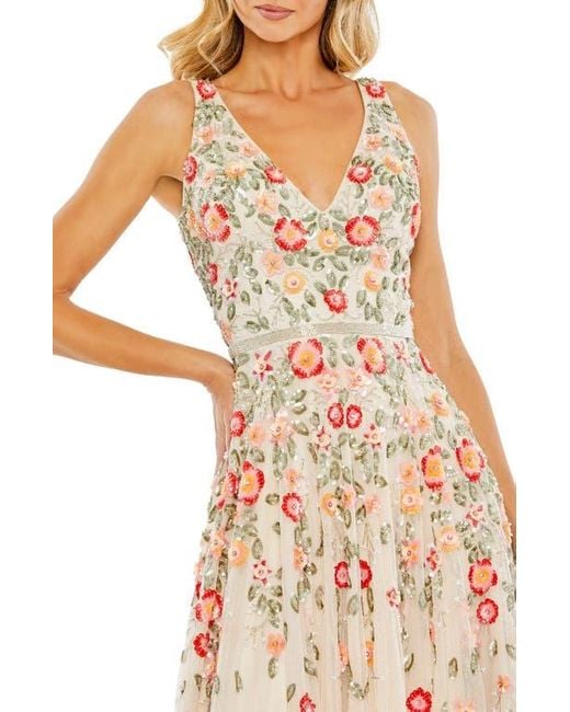 Mac Duggal Natural V-Neck Sleeveless Midi Floral Beaded A-Line Dress